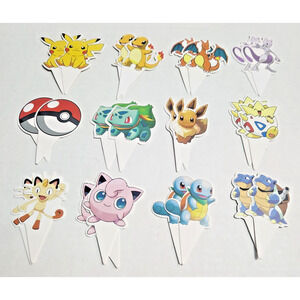 Pokemon Birthday Party Paper Cake & Cupcake Toppers w/ Stakes Pack Of 24